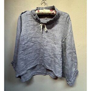 Flax Women Revere Top Panama Linen Shirt Large Drawstring Neck Pullover Blue New
